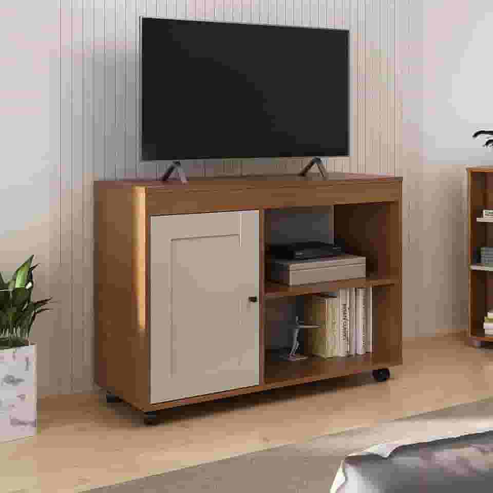 Rack para tv Até 42" com rodizios e porta almofadada SAMPA cor Cinamomo/Off White - Artely