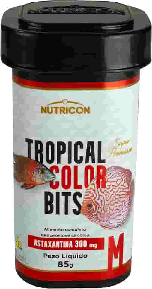 Nutricon: Tropical Color Bits M 85g | Alimento Extrusado para Peixes Tropicais | Realce de Cor com 300mg de Astaxantina, Proteína de Inseto e Minerais Biodisponíveis