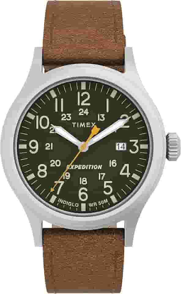 Relógio masculino Expedition Scout de 40 mm – caixa preta e mostrador com pulseira deslizante de couro oliva