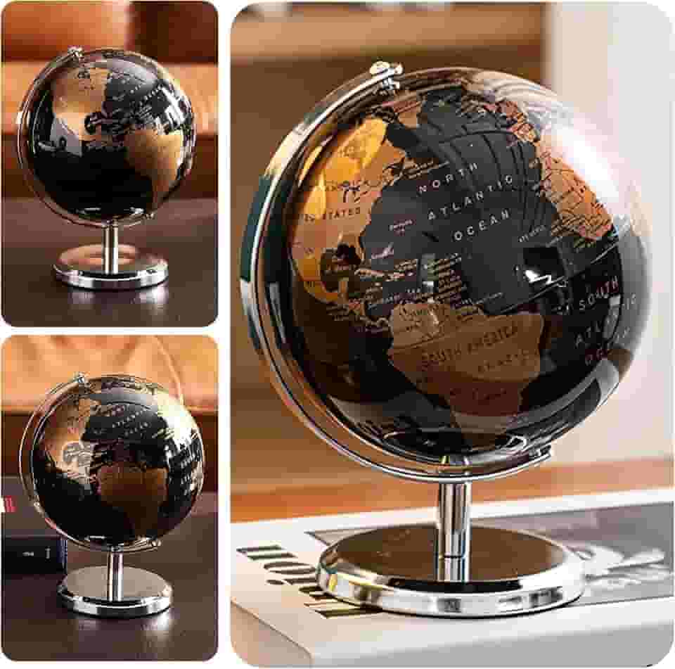 Globo Terrestre Giratório Preto Decorativo Base de Metal Enfeite Educativo para Mesa Presente Mapa Mundi Terrestre Planeta Terra Decoração Vintage Clássica Escritório Sala Quarto Loja Geopolítico