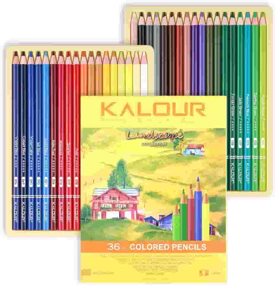 KALOUR PDAS Conjunto de lápis de cor de paisagem amarela de 36 peças, lápis de cor de madeira pré-afiados para adultos, artistas iniciantes, livros de colorir desenhando e esboçando