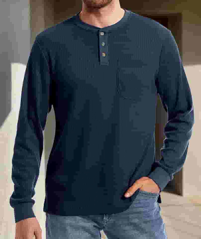 Camisetas masculinas Henley manga curta botão waffle com bolso