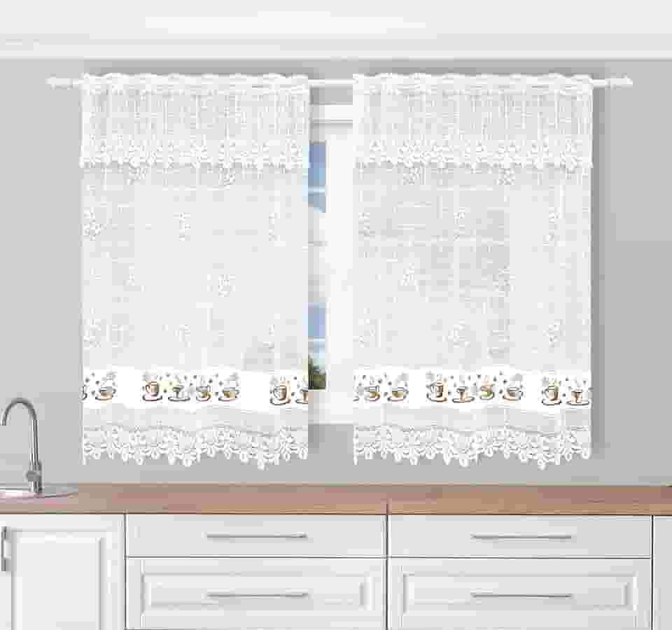 Cortina Viva a Vida - Cortina de Renda Jacquard Estampada para Cozinha (Branco, 1,50m altura x 2,10m largura, Café)