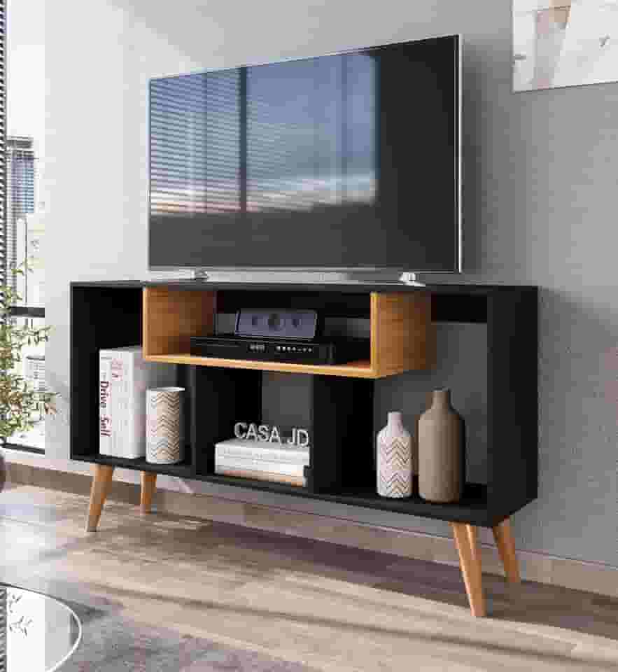 Rack Bancada Para Tv De Até 43 Polegadas Com Prateleira E Nichos Para Sala De Estar Casa Jd (Preto Nature)