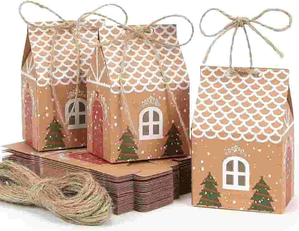 Pacote com 10 caixas de presente para casa de pão de gengibre, caixas de presente de papel kraft marrom com barbante para lembrancinhas de festa, sacos de doces de biscoito, decorações de Natal e
