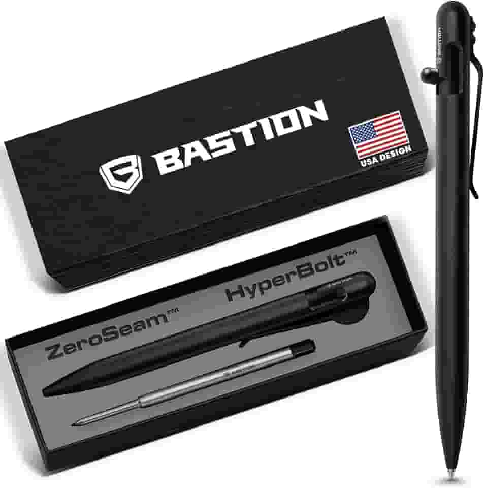BASTION Caneta Slim Bolt Action com estojo de presente - Aço inoxidável preto - Caneta de metal fina retrátil leve e discreta - Bolso de escritório recarregável de tinta Canetas esferográficas EDC para escrita