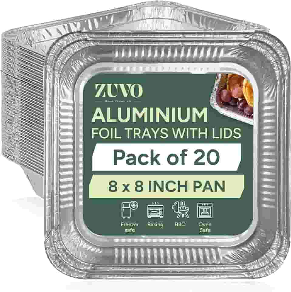 Zuvo Formas de alumínio de 20 x 20 cm (pacote com 20 - com tampas) – Assadeiras descartáveis fortes para cozinhar, assar, congelar e preparar refeições
