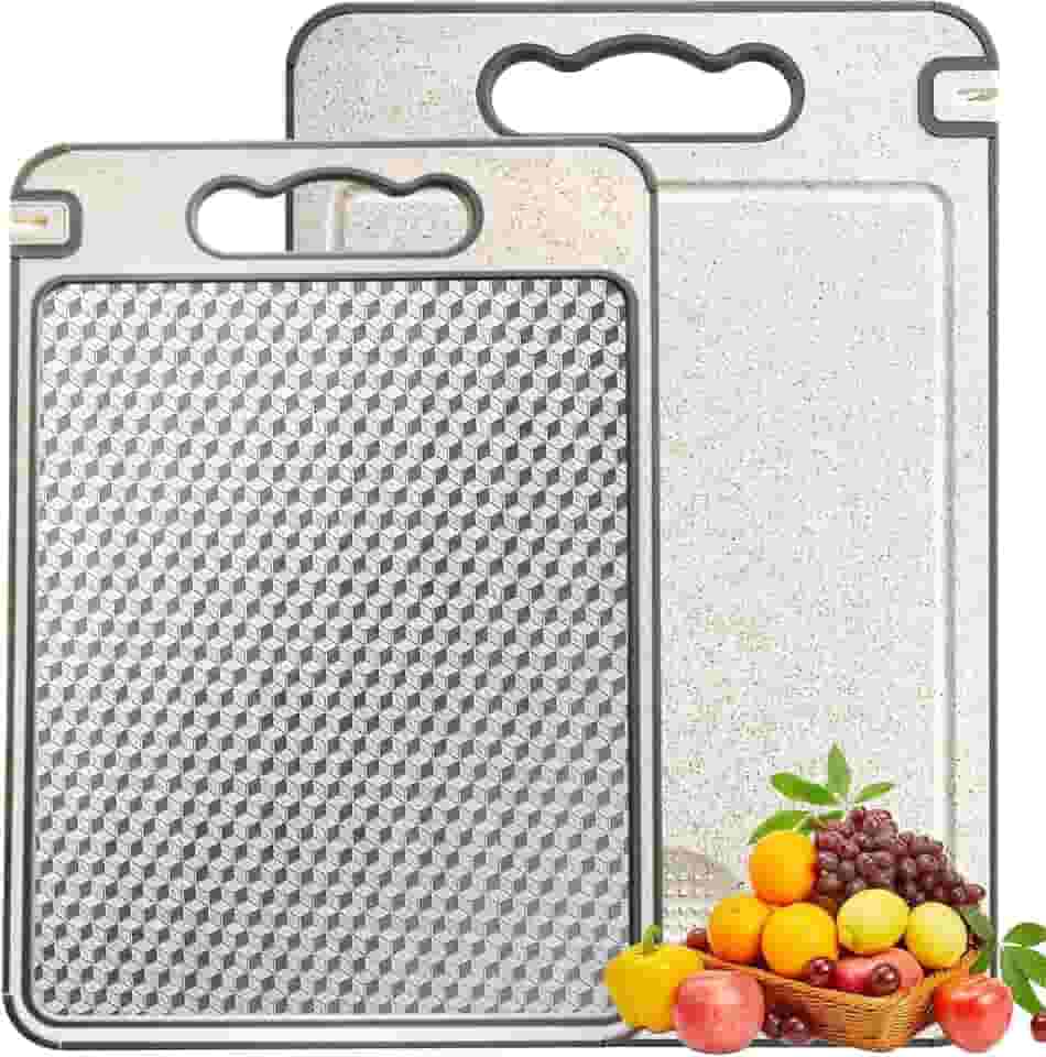 Tabua de Corte Cozinha Dupla Face Aço Inoxidável 304 e Palha de Trigo, Tabua de Carne Inox Design de Malha Antiderrapante e Resistente a Arranhões,Tabua de Cozinha Antibacteriana para Carnes e Frutas