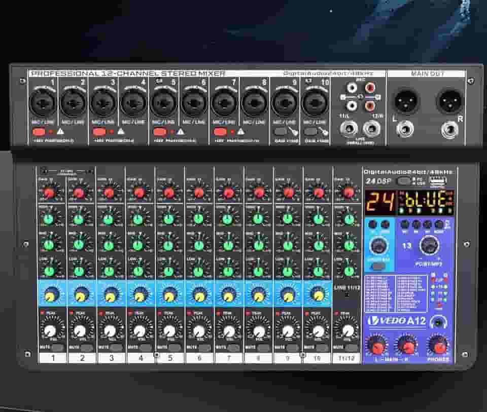 mesa de som，teyun/vedo A12 12 canais digital/número profissional portátil com reverb bluetooth usb interface audio/áudio mixer