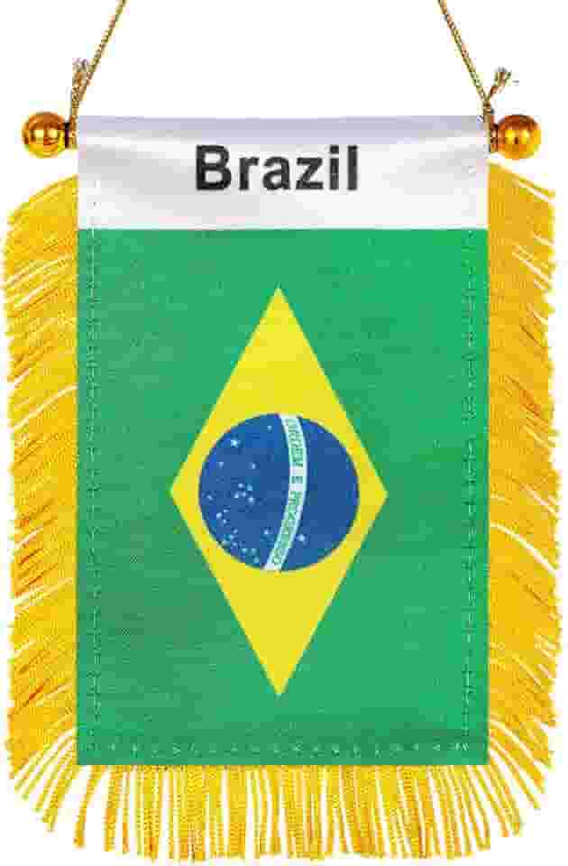 WXTWK Bandeira do Brasil de 7,6 x 12,7 cm Bandeira do Brasil para pendurar na janela do Brasil, pequenas bandeiras de carro, bandeiras, espelhos retrovisores, decoração com ventosa, faixa dourada com