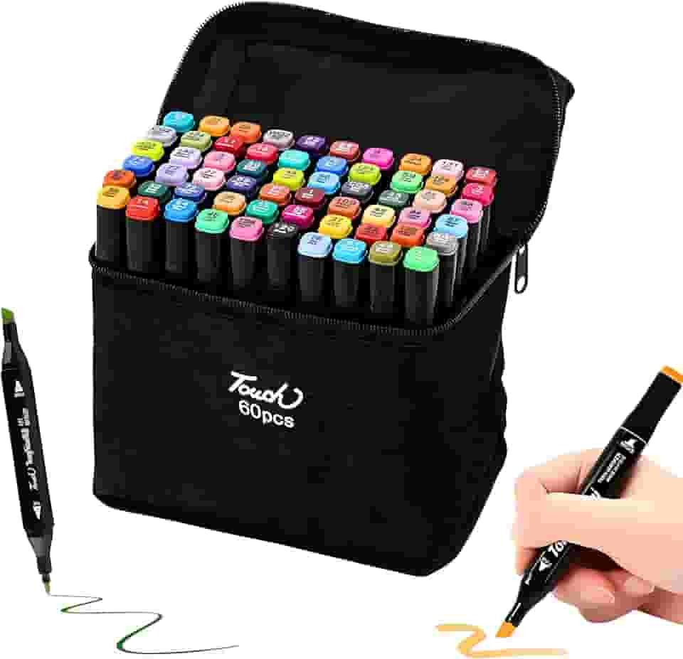 Estojo 60 Cores Caneta Ponta Dupla Touch Marcador Permanente, Canetinha Duas Pontas para Colorir Pintar Desenho Lettering Profissional e Escolar