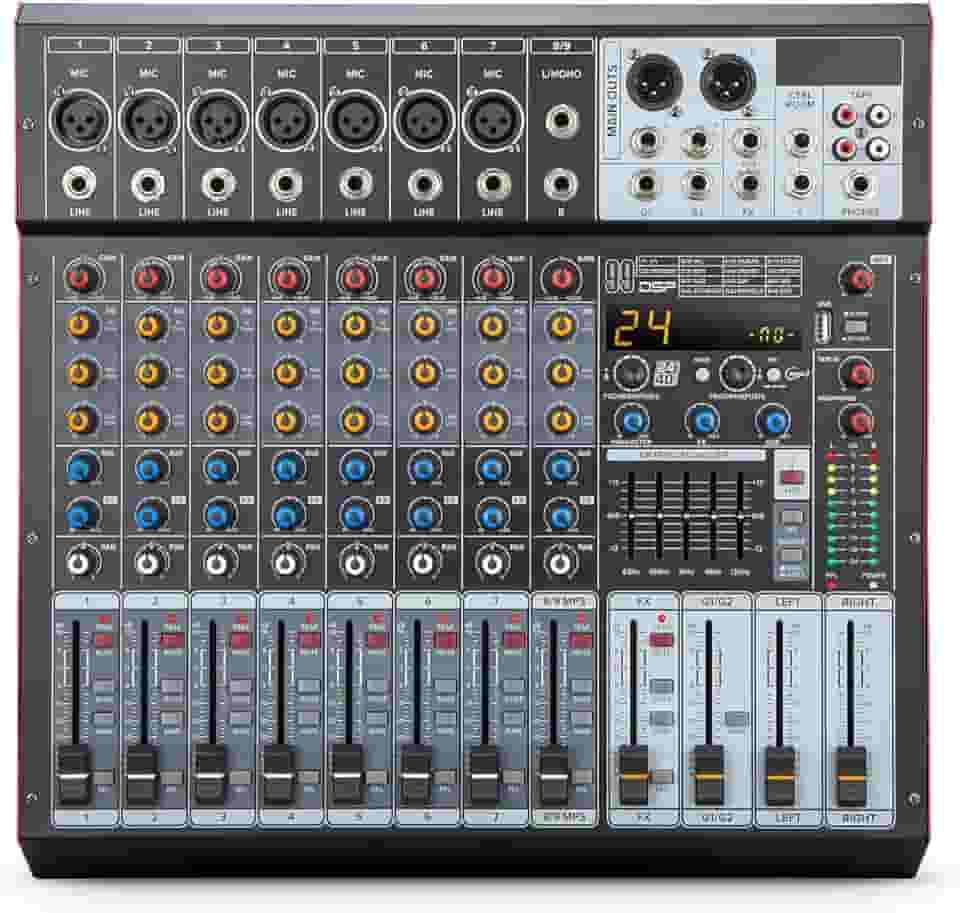 Mesa de Som Amplificada de 9 Canais com 99 Efeitos DSP, Amplificador de 500W×2, Bluetooth, USB/MP3, Phantom Power de 48V, EQ de 5 Bandas - Mesa de Mixagem Profissional (127V)