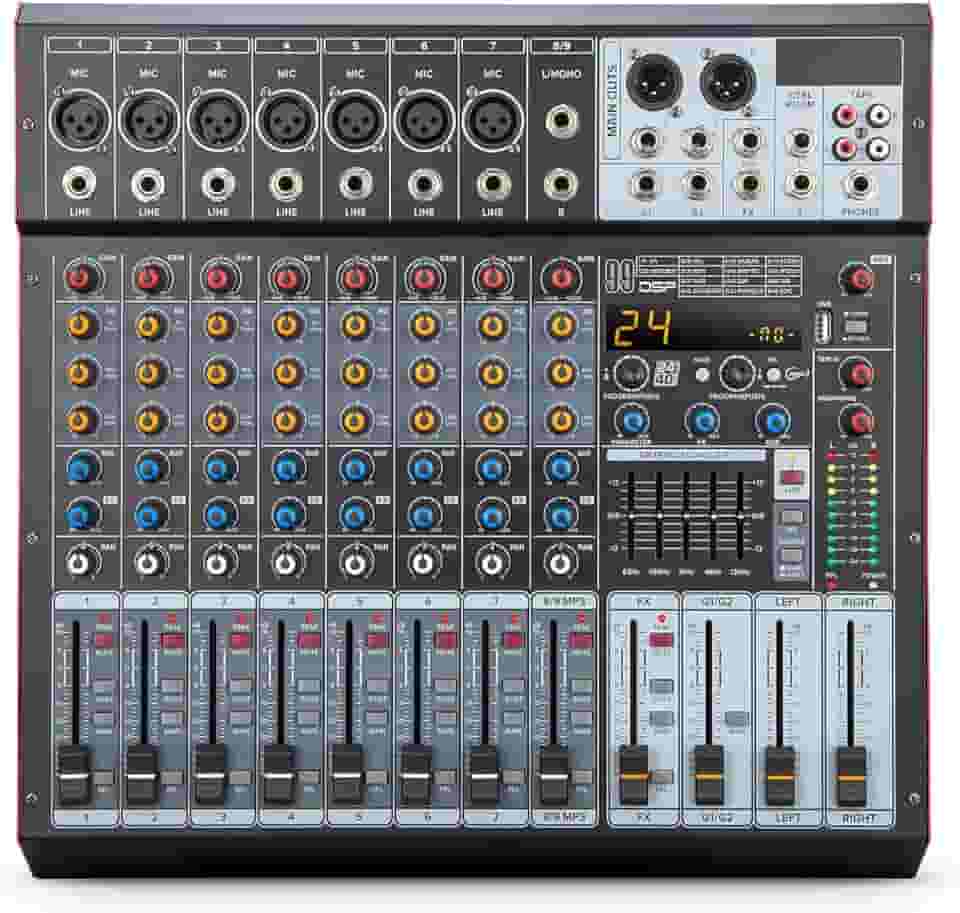 Mesa de Som Amplificada de 9 Canais com 99 Efeitos DSP, Amplificador de 500W×2, Bluetooth, USB/MP3, Phantom Power de 48V, EQ de 5 Bandas - Mesa de Mixagem Profissional (127V)