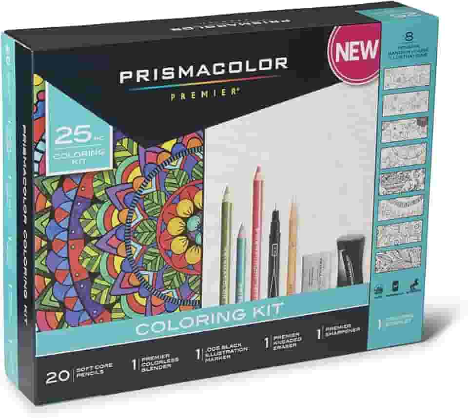 Prismacolor Lápis Premier Soft Core Kit de Livro de Colorir para Adultos com Liquidificador, Marcador de Ilustração, Borracha, Apontador e Livro de Colorir, 25 Peças