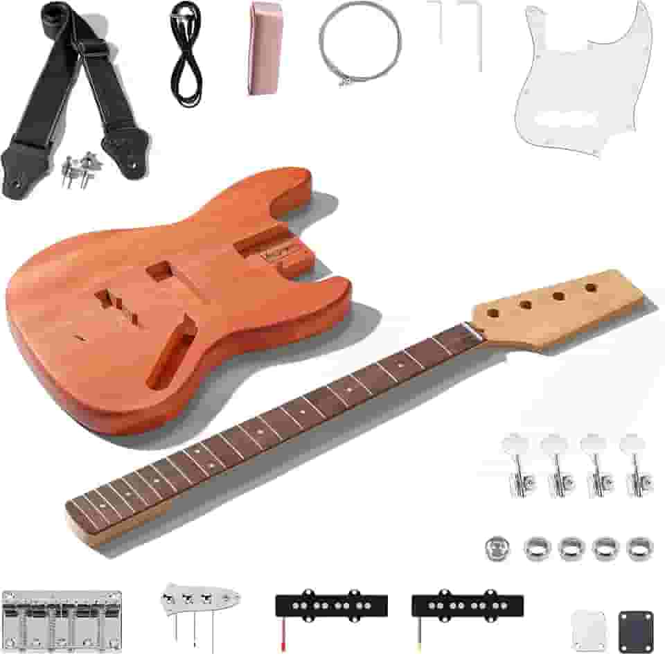 Leo Jaymz Kits de guitarra baixo elétrica DIY - corpo de mogno, pescoço de bordo assado e escala de madeira de louro - Componentes totalmente incluídos (JB)