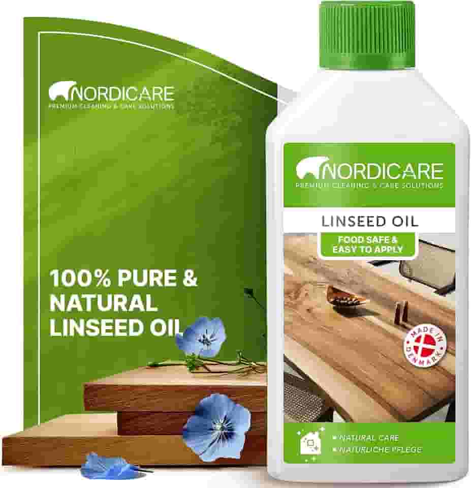 Nordicare Óleo de linhaça para madeira - Óleo de linhaça 100% puro e natural para toda a área interna - Óleo de linhaça cru seguro para alimentos para móveis de madeira - Sublinha a estrutura original