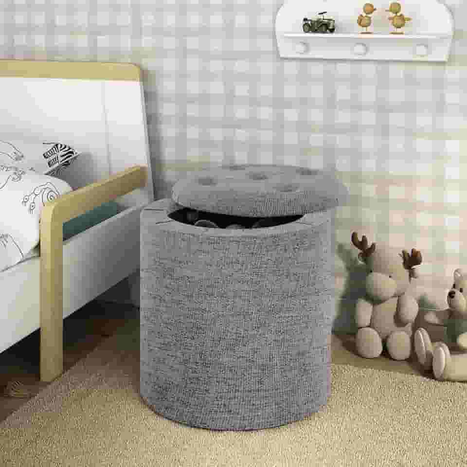 Puff Baú Redondo Linho Cinza Organizador Reforçado Multiuso Moderno Apoio P/Pés