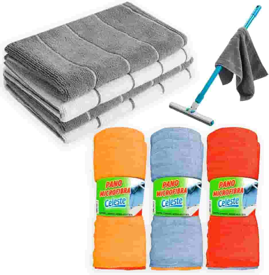 Kit 5 Panos de Chão Microfibra: 2 Panões Grandes Limpeza Pesada (80x50cm) e 3 Panos Cores Mistas (48x58cm) | Pano Microfibra Super Absorvente Multiuso