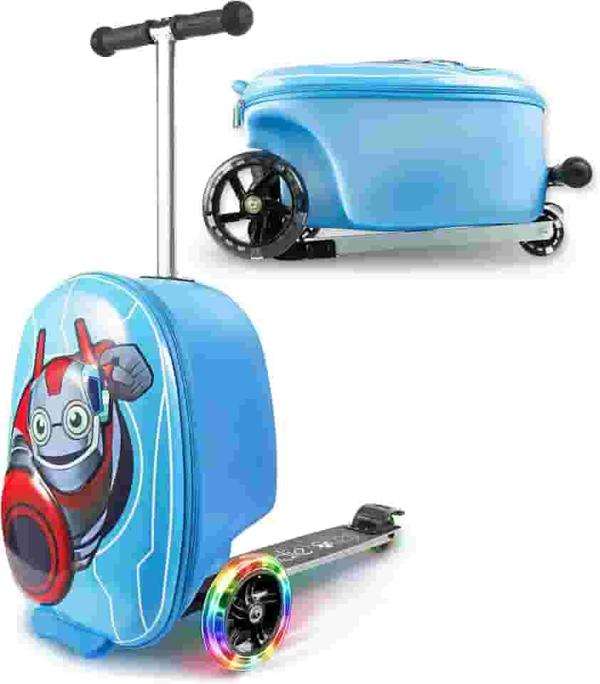 Kiddietotes Scooter de mala de viagem 3-D Hardshell para crianças - Linda bagagem de mão leve infantil com rodas de LED iluminadas - Design de roda 2022 atualizado, Robô super-herói