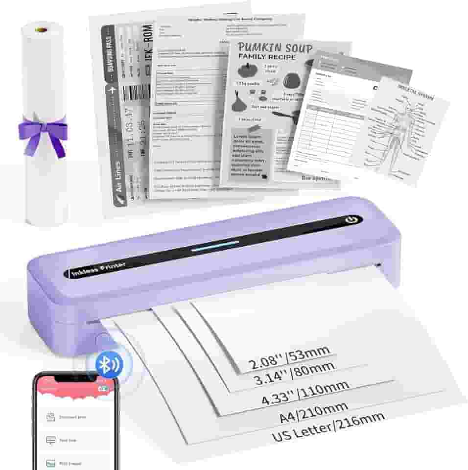 COLORWING Impressoras portáteis sem fio para viagens, mini impressora compacta 300DPI sem tinta, impressora térmica Bluetooth compatível com smartphone Android e iOS e tablet e laptop - roxo