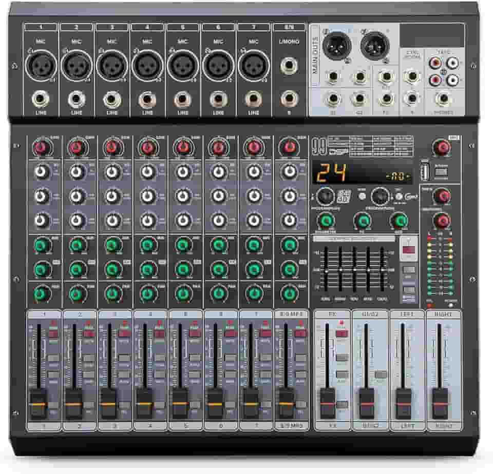 Mesa de Som Amplificada de 9 Canais com 99 Efeitos DSP, Amplificador de 500W×2, Bluetooth, USB/MP3, Phantom Power de 48V, EQ de 5 Bandas - Mesa de Mixagem Profissional (220V)