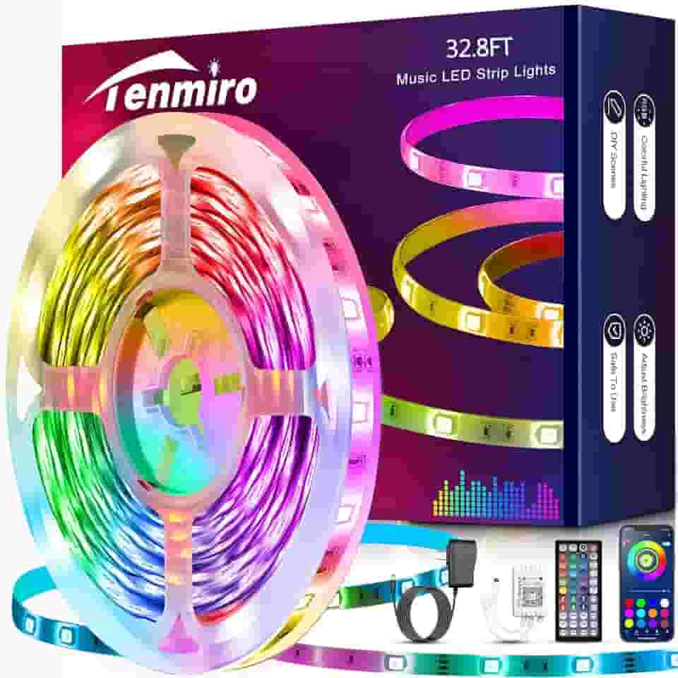 Tenmiro Fita de LED de 10 metros, RGB LED inteligente com sincronização de música que muda de cor e luzes LED com controle remoto para quarto, cozinha, casa, TV, festas e eventos
