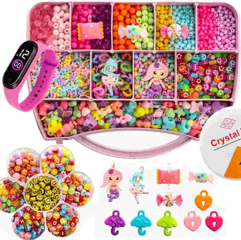 Kit Miçangas Infantil 3500 Pçs Para Montar Pulseiras Bolinhas Maleta 19x13 Cm 1 Relógio Digital Anita Bijuterias