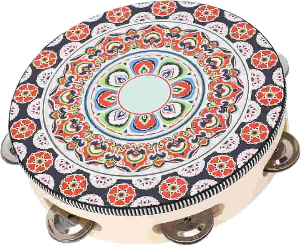 Pandeiro de Madeira Portátil Com Sinos de Metal de 8 Polegadas, Conjunto de Instrumentos Educacionais de Sons de Tambor para Adultos e Crianças (Flor Vermelha)