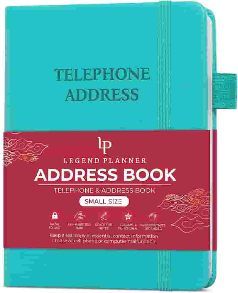 Legend Planner Livro de endereços com abas alfabéticas – Mini livro de contatos telefônicos para números de telefone, endereços, senhas, pequeno (turquesa)