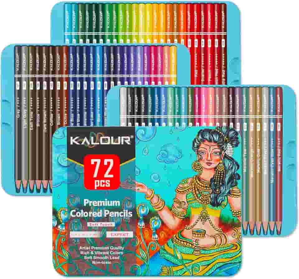 KALOUR Lápis de cor premium, conjunto de 72 cores, núcleo macio para artistas com cores vibrantes, inclui 7 lápis de cor metálicos, ideais para desenhar, esboçar, sombrear, lápis de colorir para