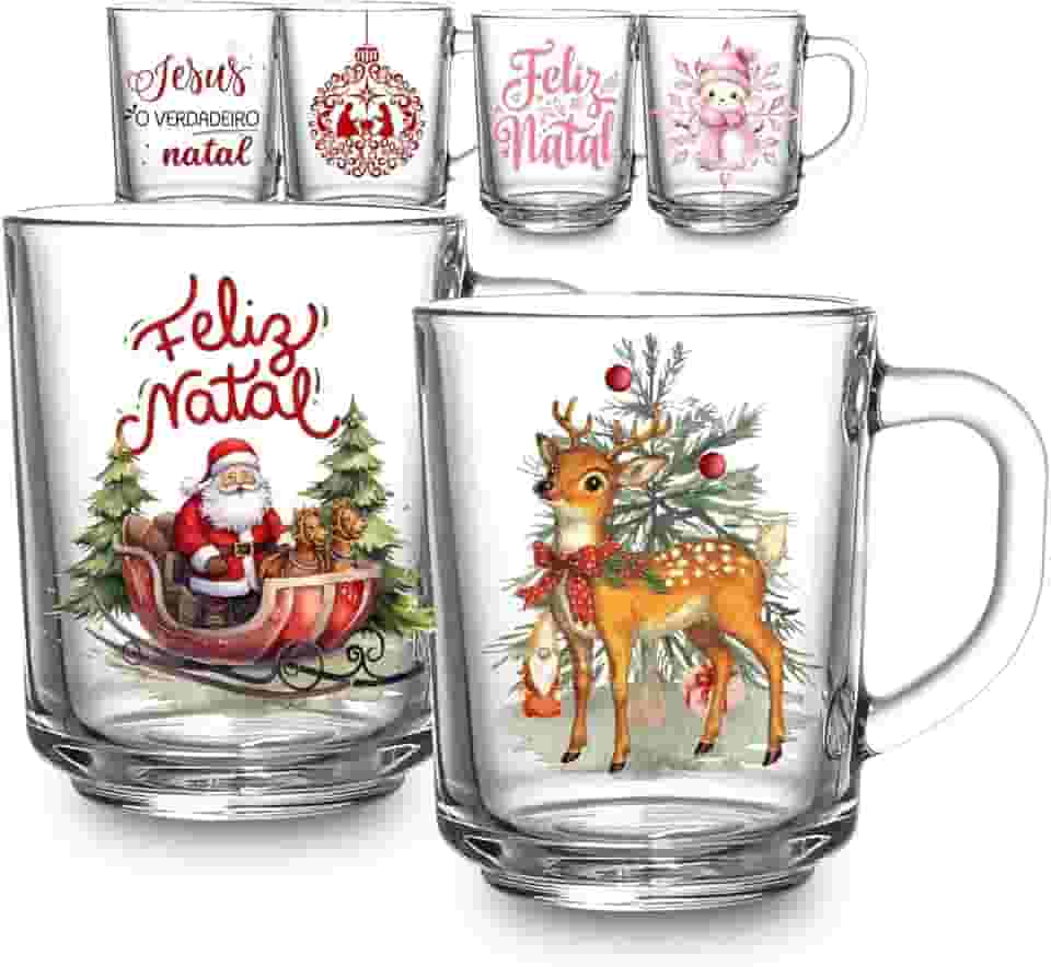 Kit 2 Canecas Especial Natal 225ml Vidro Decorativa Jesus Rosa Vintage Fim De Ano Papai Noel Presente (Vintage)