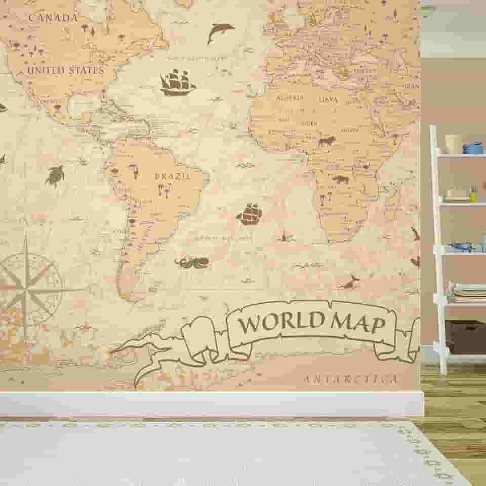 Papel de Parede Mapa Mundi Vintage Painel Vinil 4 rolos 6m²