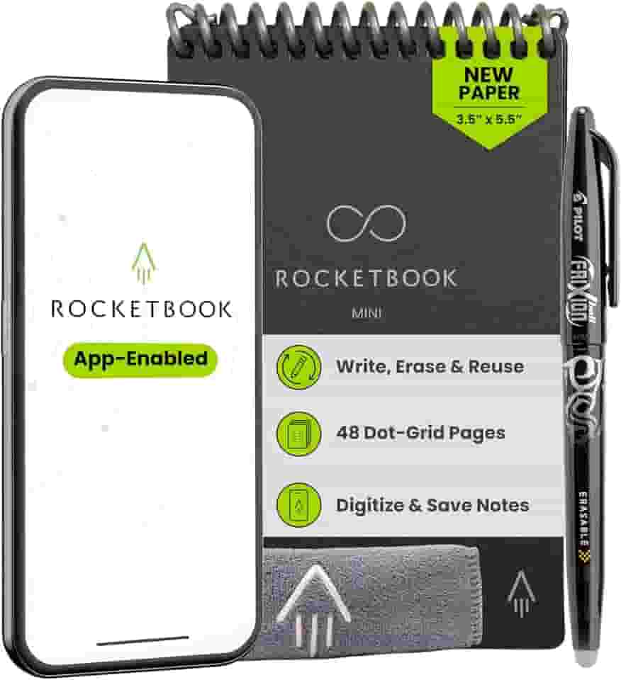 Rocketbook Novo mini bloco de notas inteligente reutilizável, tamanho de bolso 9,5 x 14,5, preto - páginas pontilhadas, conectadas a aplicativos, apagável, ideal para anotações rápidas em qualquer