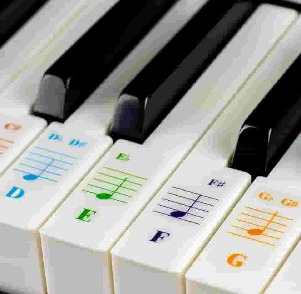 QMG Adesivos de teclado de piano para 88/76/61/54/49/37 teclas grandes adesivos de piano para aprendizagem, letras removíveis de teclado de piano, etiqueta de notas para iniciantes e crianças, feito