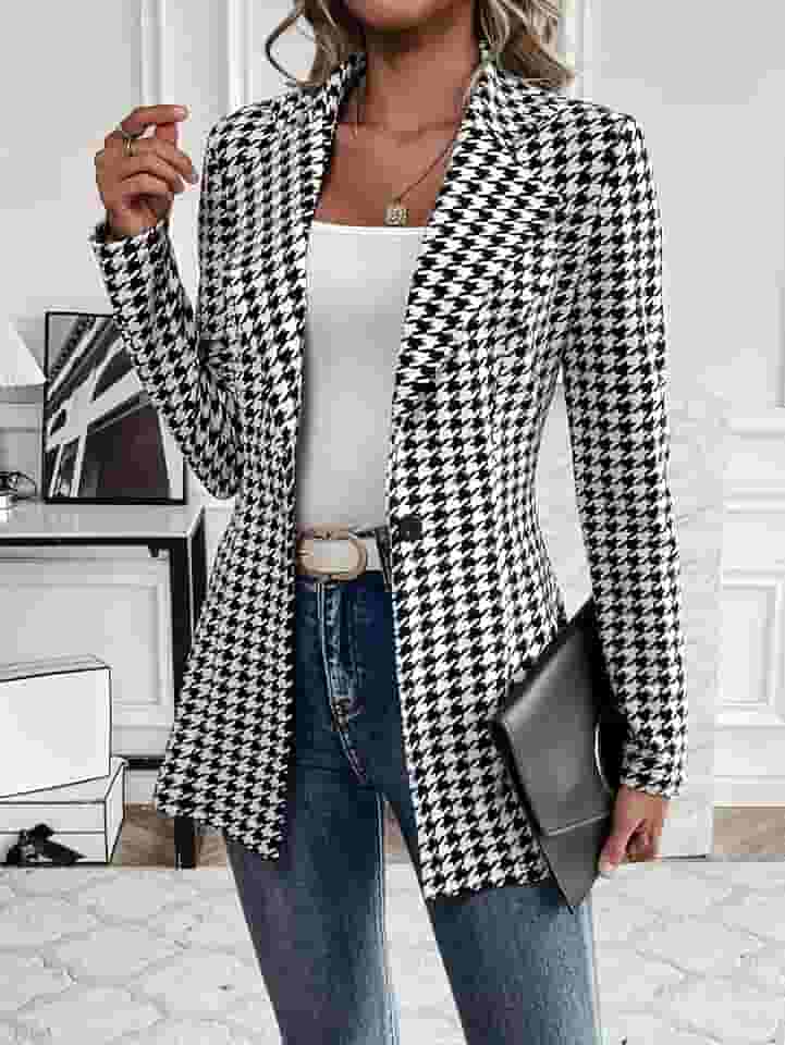 Blazers femininos Houndstooth de manga comprida com botões na frente aberta, casual, negócios, trabalho, escritório