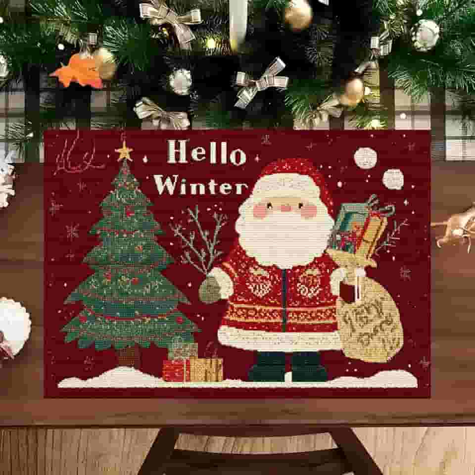 Jogo americano de mesa 29 × 44 cm – Tapetes reutilizáveis de Natal com Papai Noel, árvore de Natal e design de Hello Winter para jantar, café e decoração de cozinha