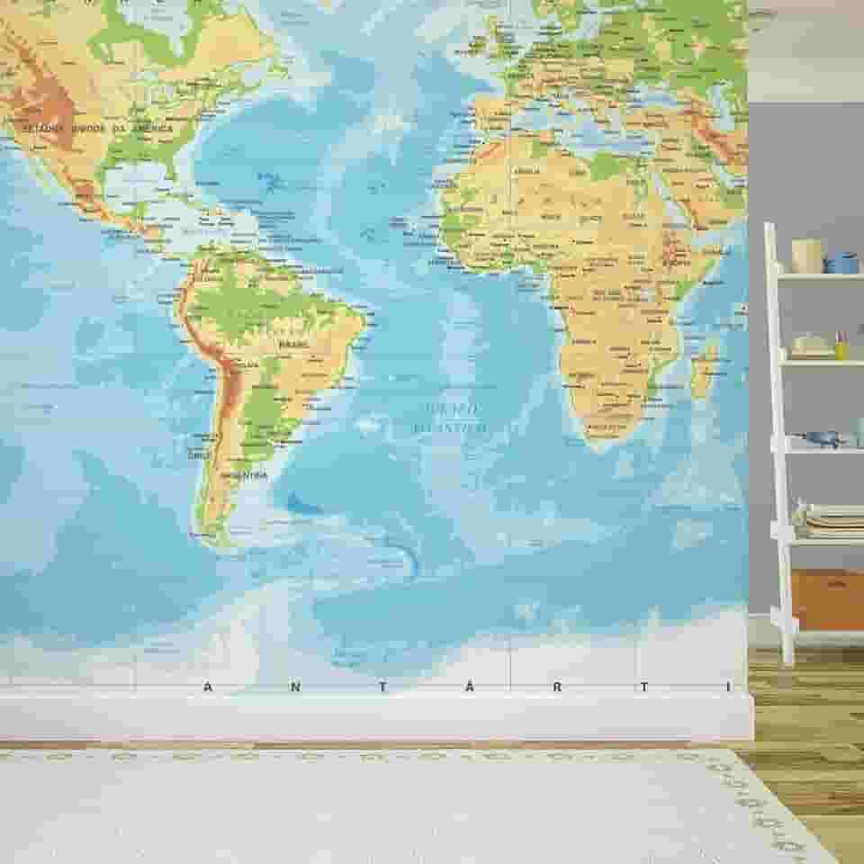 Papel de Parede Mapa Mundi Painel 4 rolos - 6m²