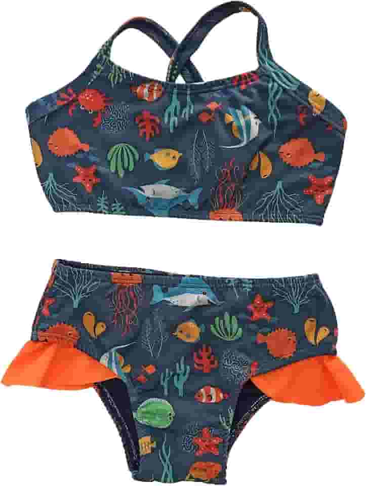 Biquíni infantil azul fundo do mar estampado 0 a 16 anos