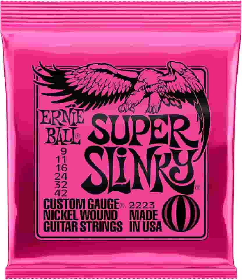Cordas para guitarra elétrica Ernie Ball Super Slinky, revestimento de níquel, calibre 9-42