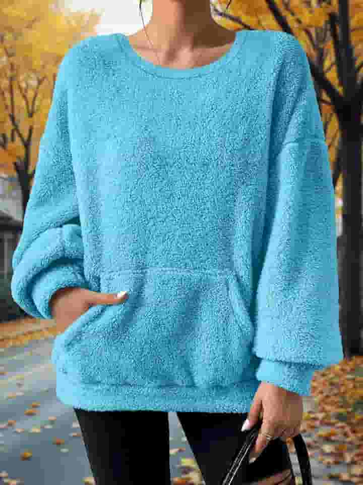 Moletom feminino de lã, leve, quente, gola redonda, manga comprida, solto, moderno, pulôver com bolsos