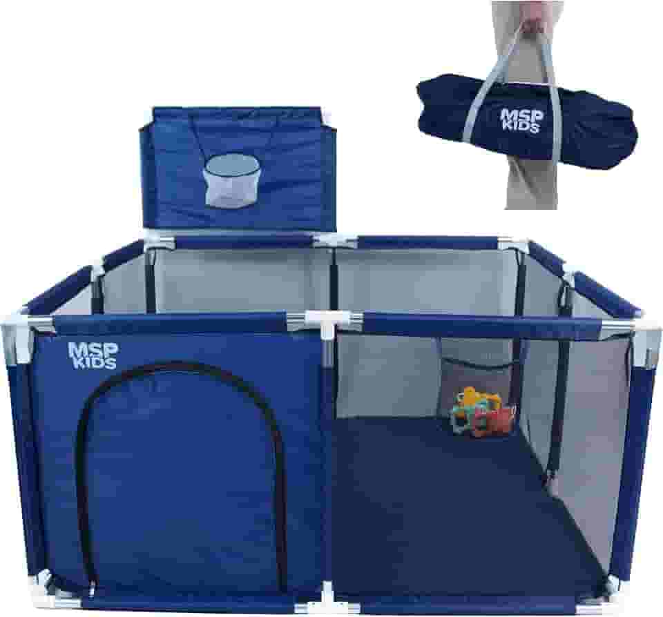 Cercadinho Portátil com Cesta de Basquete, Azul Marinho, Tela de Malha (AZUL)