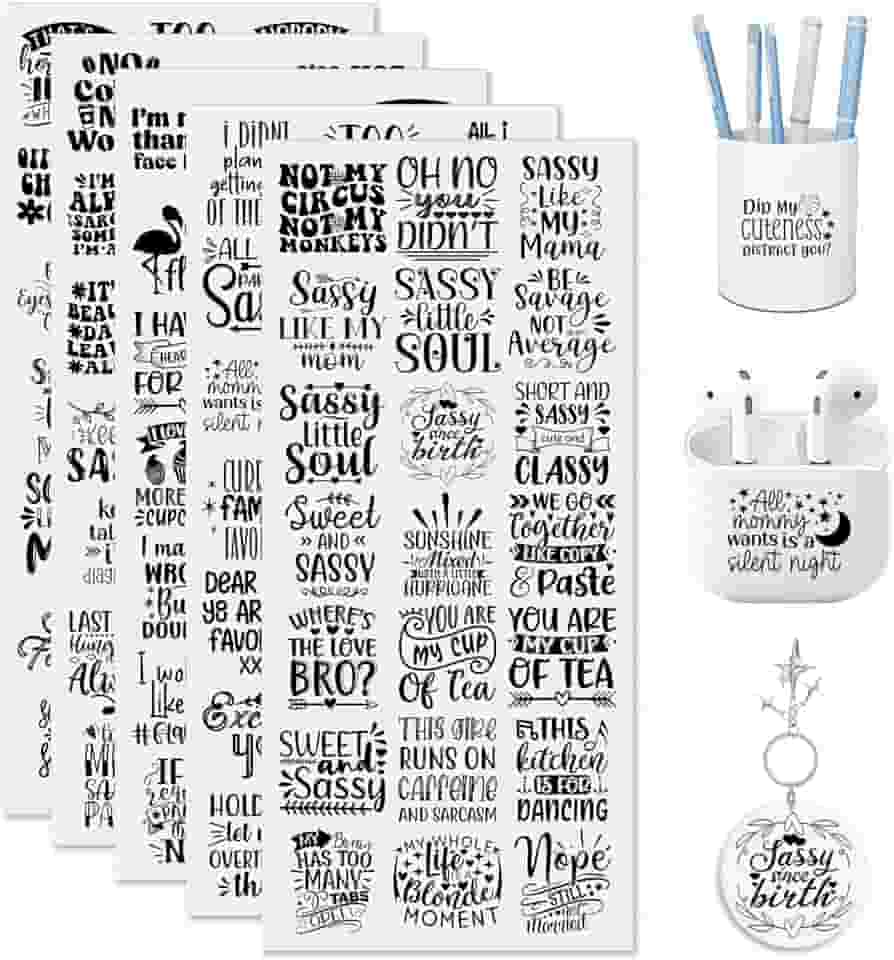 Adesivos UV DTF 105 peças, engraçado, sarcástico, vibrante, de alta viscosidade, copo de transferência para mini chaveiro, capa de telefone, notebook, marcador de livro, porta-cartões, acrílico