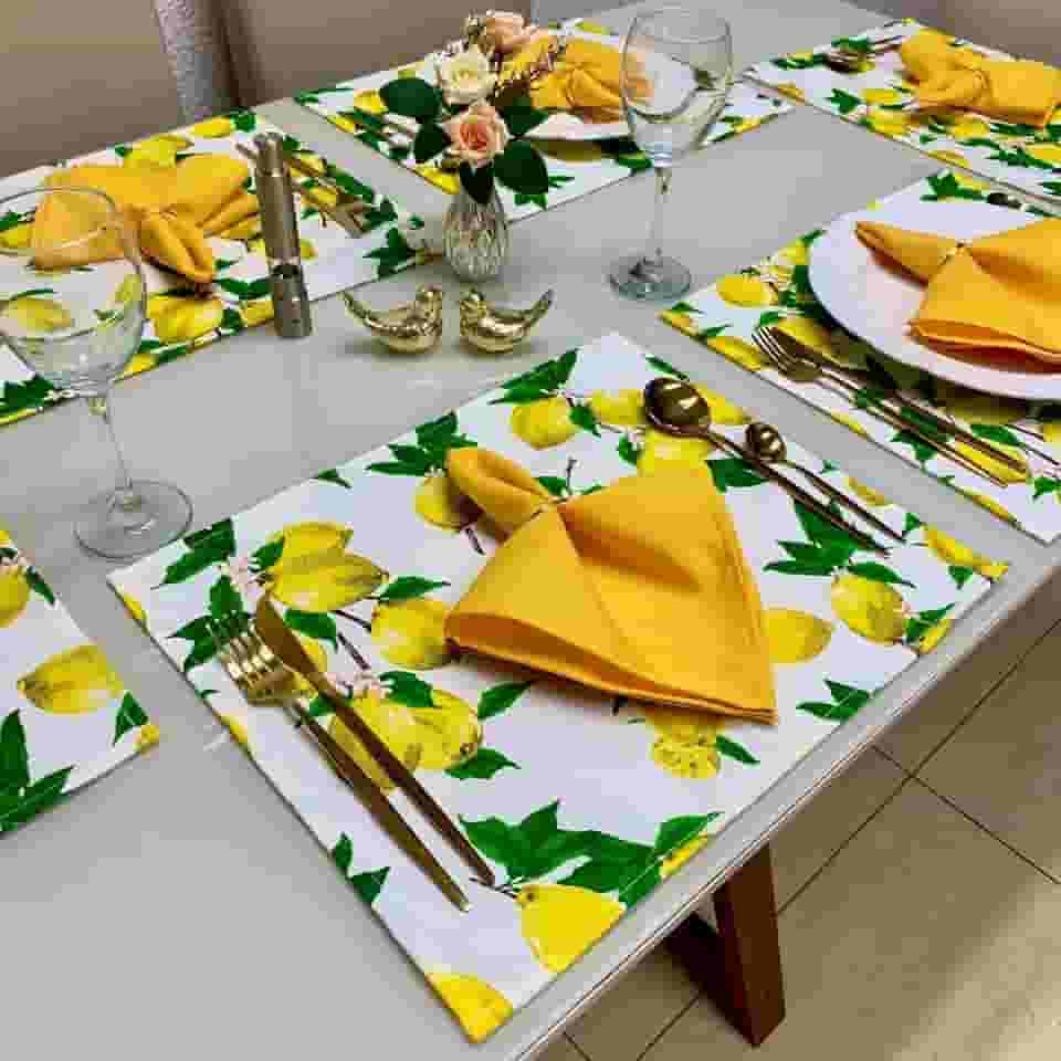 Jogo Americano Tecido 6 Un + 6 Guardanapos + 6 Porta Guardanapos (Limão Branco Guard Amarelo)