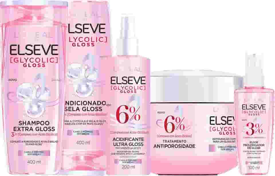L'Oréal Paris Elseve Glycolic Gloss Kit Tratamento Capilar Completo, Combate a Porosidade e Garante Brilho Gloss, Shampoo 400ml + Condicionador 400ml + Máscara 300g + Acidificante 200ml + Sérum 100ml
