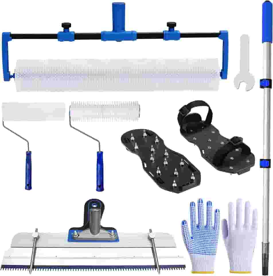 Kit de ferramentas de cimento autonivelante, kit de piso epóxi com haste de extensão, rolo de ponta para autonivelamento, rolo de tinta, pontas de sapatos epóxi, ferramentas de concreto, rolo
