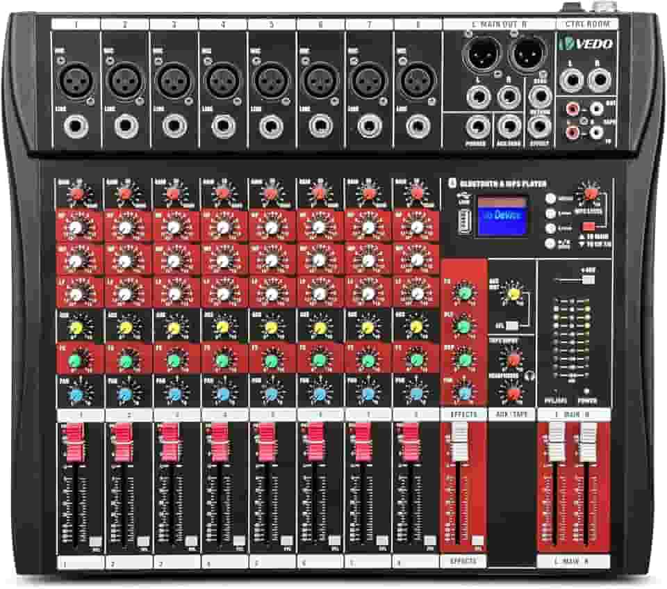 VDA208L Console de mistura,8 Canais Mixer Profissional para Shows ao Vivo, Karaokê - USB/Bluetooth, Efeito de Reverb, Saída de Monitoração, Controle de Som Estúdio e Palco