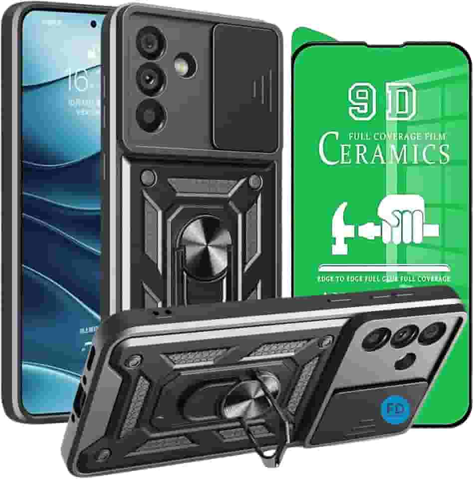 Capinha Capa para Galaxy A56 com Película em Cerâmica 9D - Case Protetora Anti Impacto Armadura Militar com Suporte de Anel Magnético - FD Acessórios. (Preto)