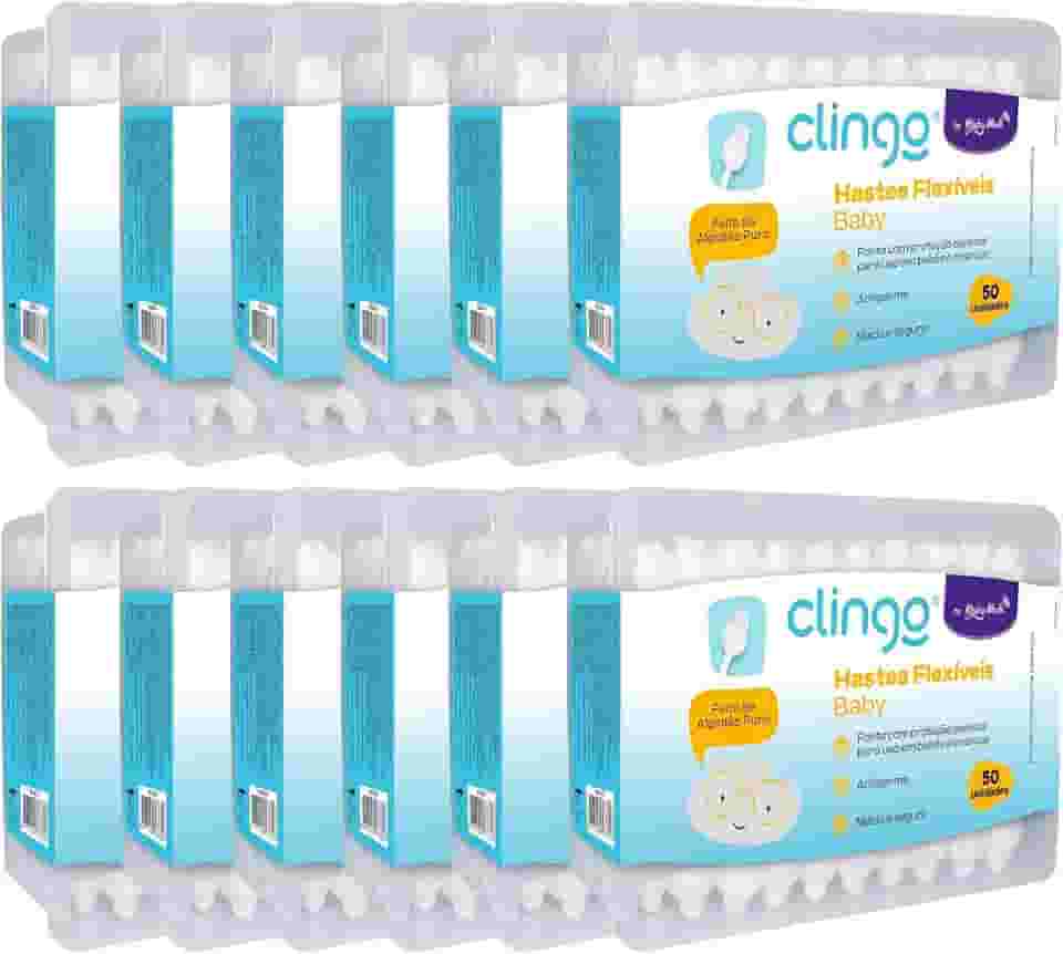 Clingo Kit Hastes Flexíveis de Algodão para Bebê, Pack 12 Caixas com 50 Unidades cada, Ponta Especial de Segurança, 100% Algodão Puro, Macio e Seguro.