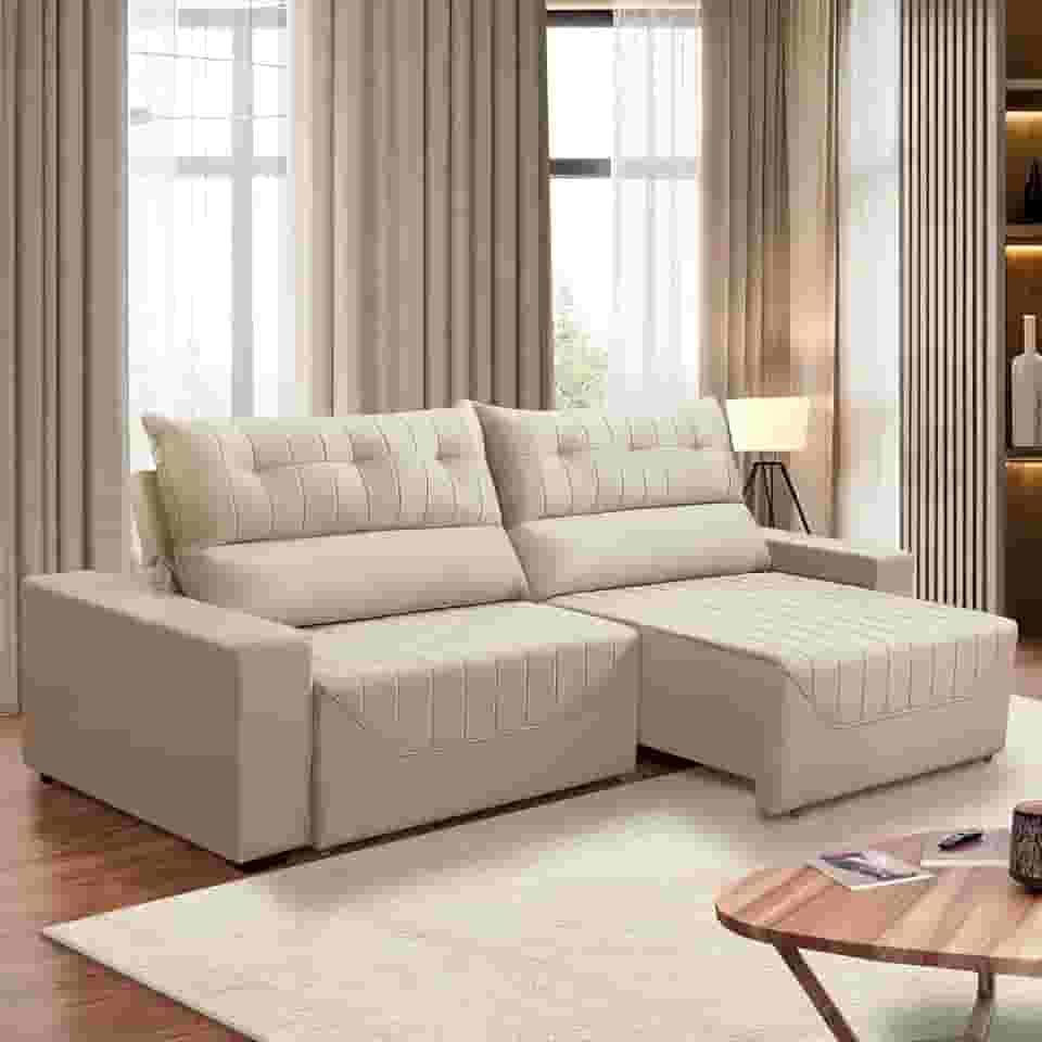 Sofá Retrátil e Reclinável 5 Lugares 3,00m Antonella Veludo Bege Adonai Estofados