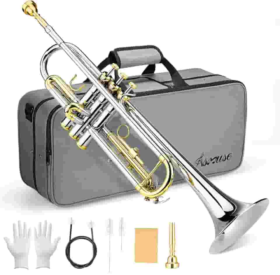 Asmuse Conjunto profissional de instrumentos de trompete, trompetes estudantis para iniciantes, trompetas musicales com estojo rígido, instrumentos de latão com kit de limpeza de trompete, luvas de